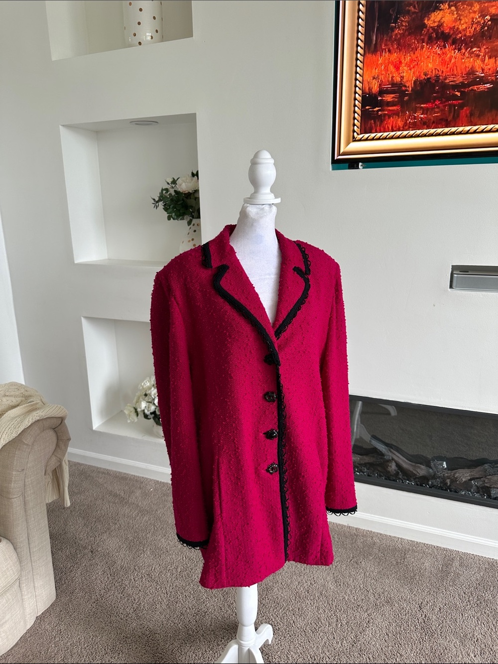 St. John Fuchsia Bouclé Blazer with Black Trim